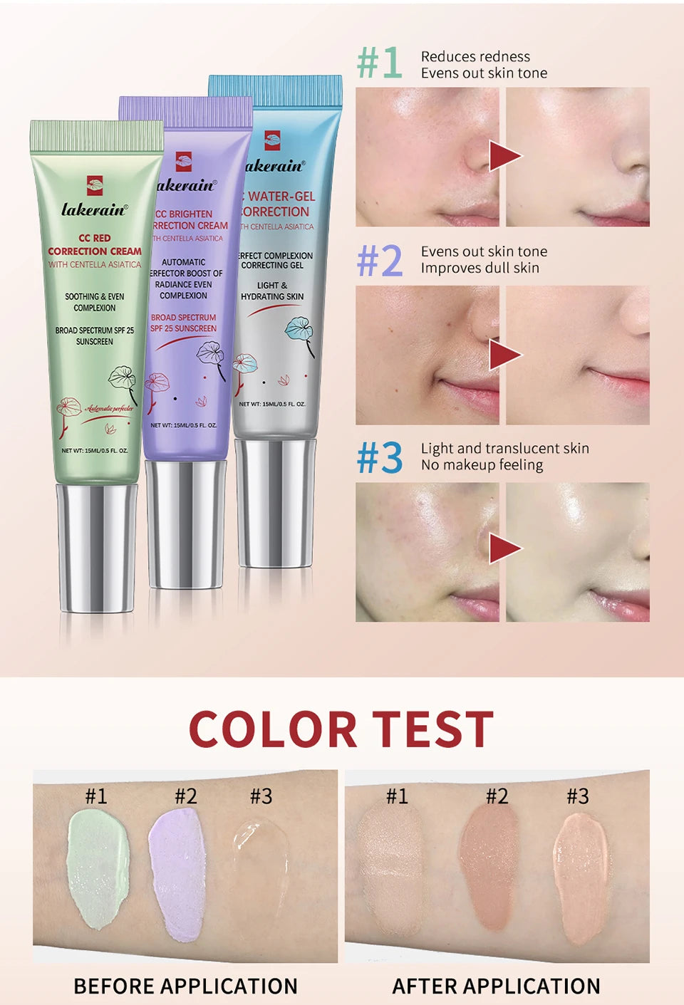 3pcs CC Cream Color Changing Liquid Foundation Centella Korean High Coverage Foundation Foundation Cream for Face Base Makeup