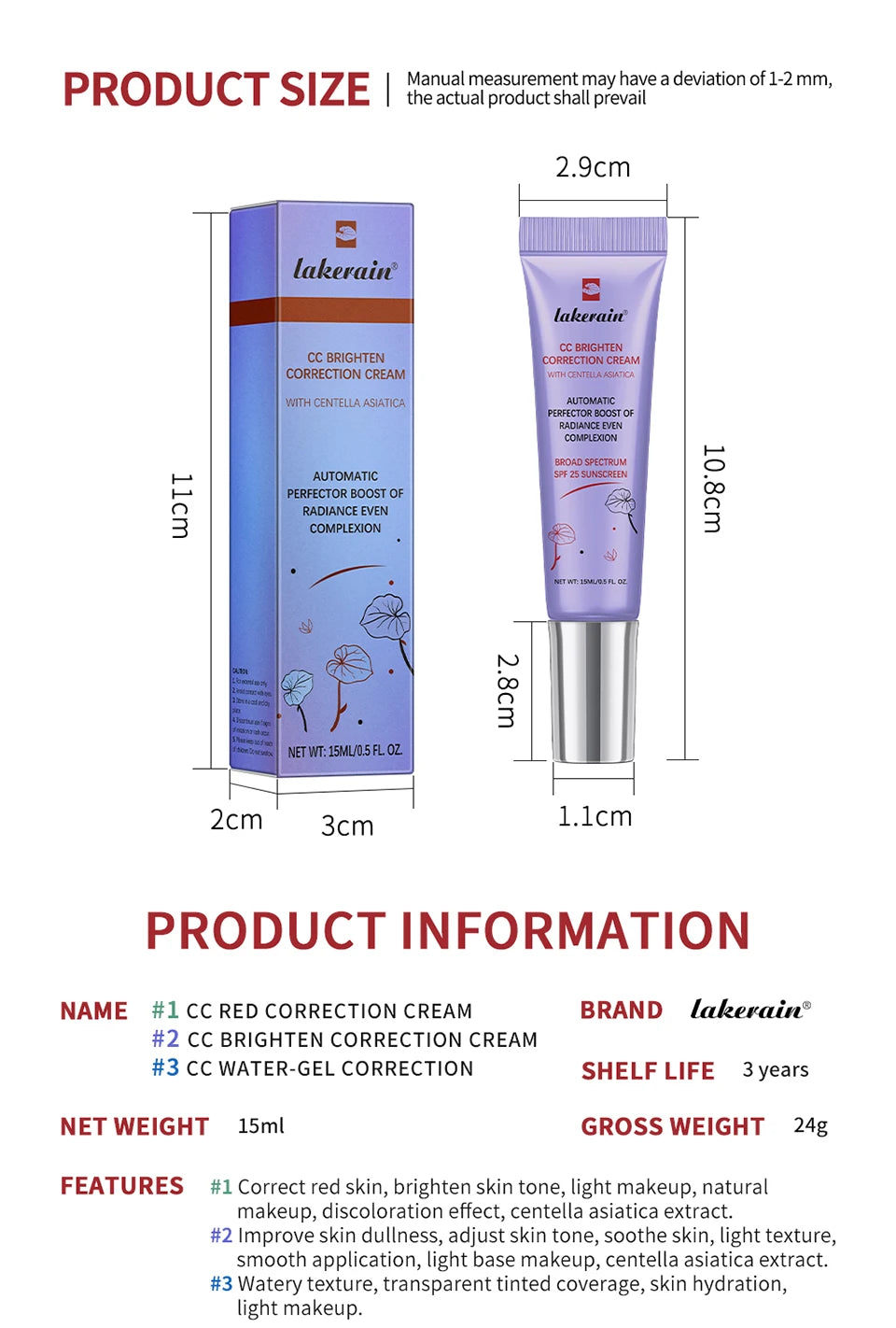 3pcs CC Cream Color Changing Liquid Foundation Centella Korean High Coverage Foundation Foundation Cream for Face Base Makeup